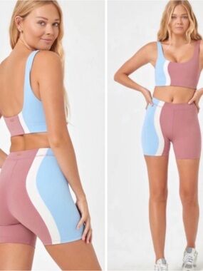 L space Colorblocked Athletic Crop Top & Biker Short Set - Blue, Mauve & White
